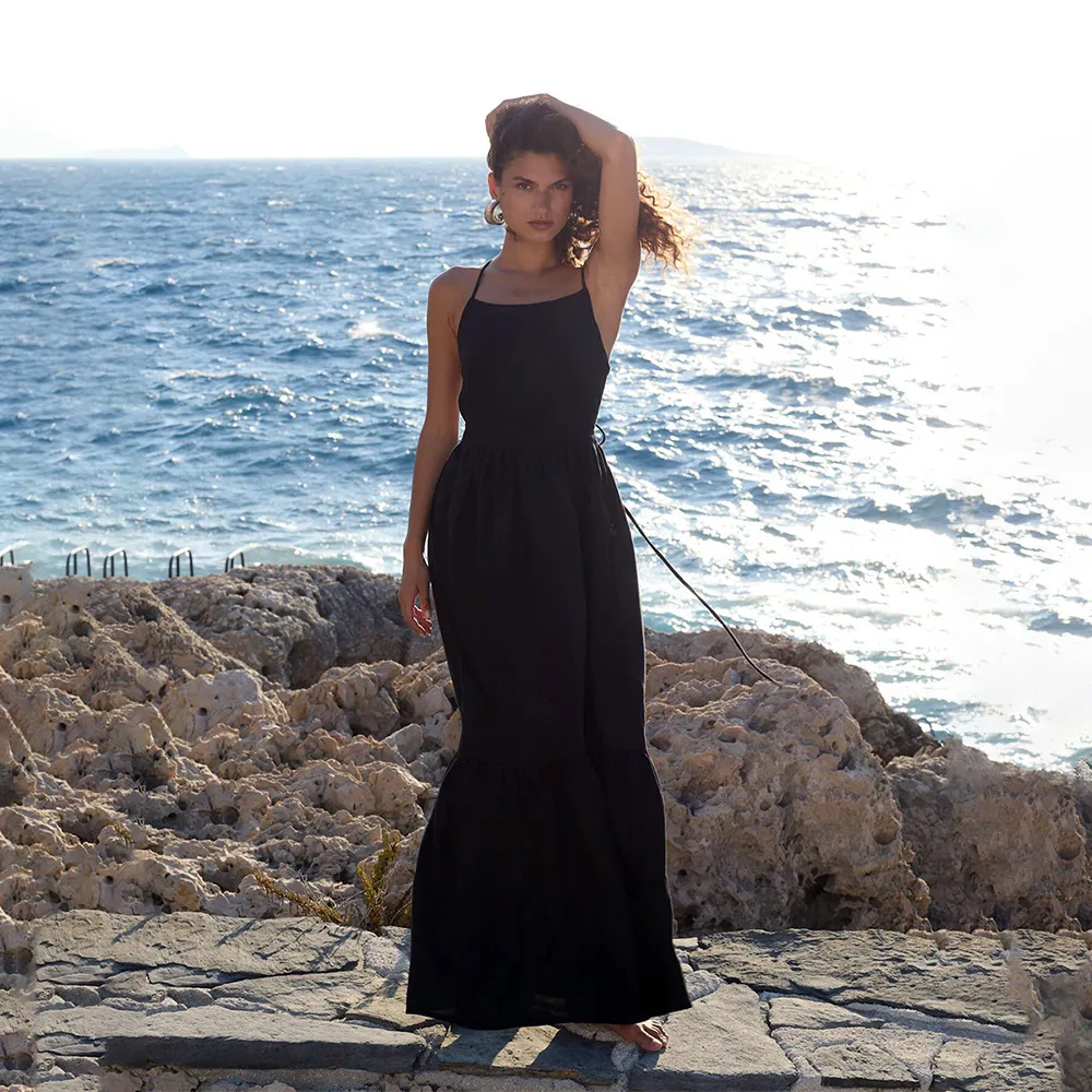 Backless Lace Up Long Skirt Waist-tight Dress - Black