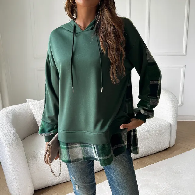 Women's Vintage Oversized Hoodie With Plaid Patchwork Stylish Y2k Clothing Streetwear Round Neck Hooded Long Sleeve Sweatshirts Green - Shop at LoveMi