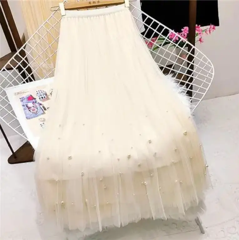 Two-Sided Wearable Gauze Skirt Pleated Beaded Mesh Midi Skirt For Women