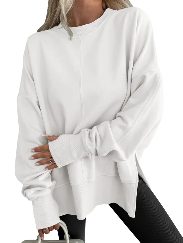 Fashion Casual Round Neck Pullover Loose Sports Long sleeved Sweater White - Shop at LoveMi