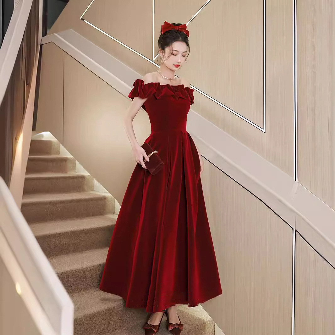 Wine Red Off-shoulder Evening Dress