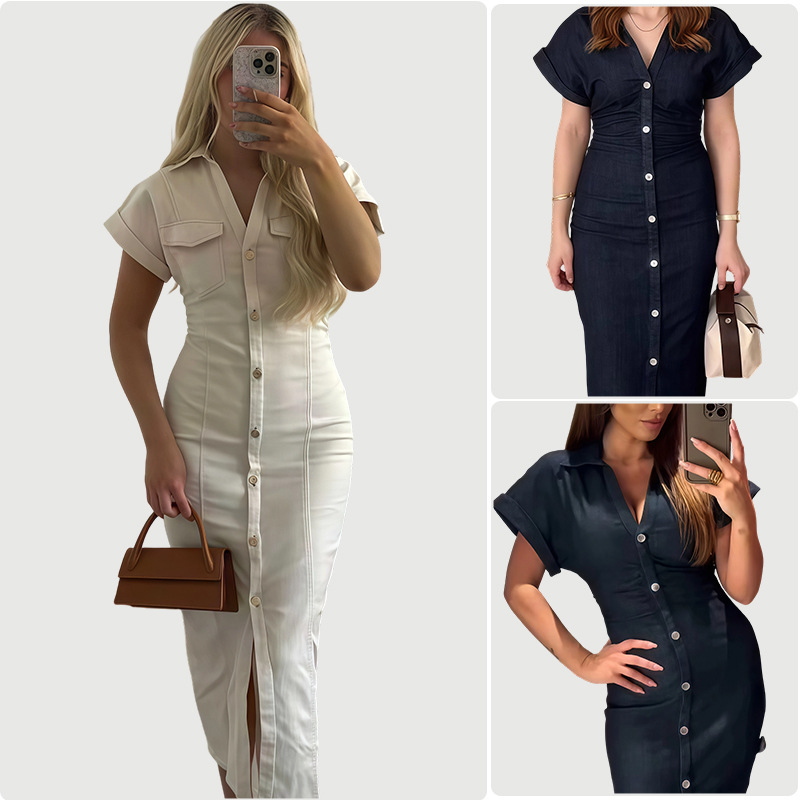 Womens Denim Dress With A Notch Lapel And Pleats