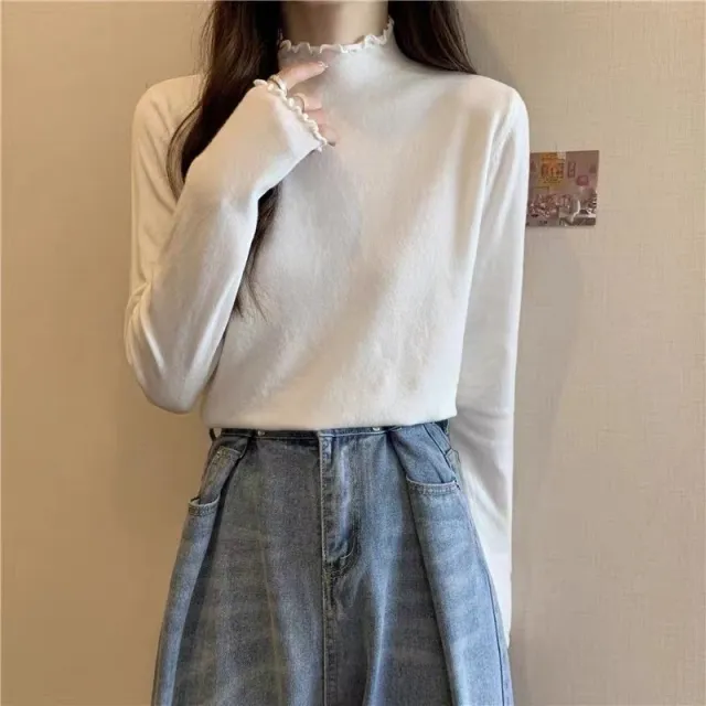Red Wooden Ear Half Turtleneck High grade Sweater Sweater Pure White - Shop at LoveMi