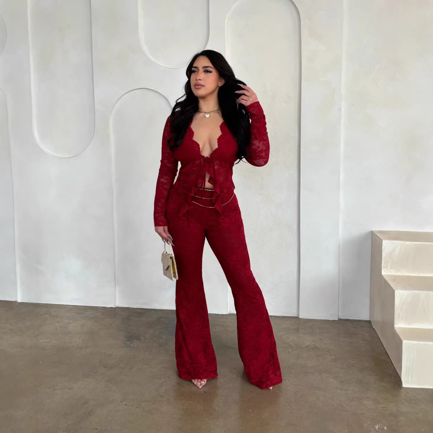 Lace Top With Long Sleeves And Lace Pants Two-piece Set