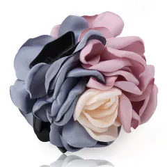 Korean Flower Large Hair Clip - Blue Pink Bud Grip - View 1