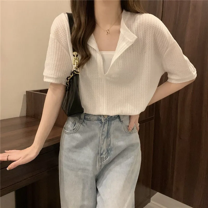 Women's V Neck Short Sleeved T Shirt Loose Tops - White