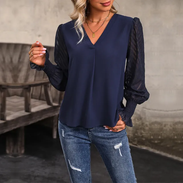 Outerwear Top Long Sleeve V neck Solid Color Shirt Dark Blue - Shop at LoveMi