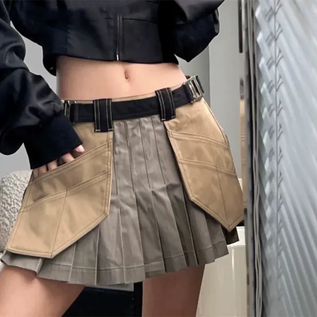 Functional Workwear Style Girl Army Green Low Waist Pleated Skirt - Shop at LoveMi