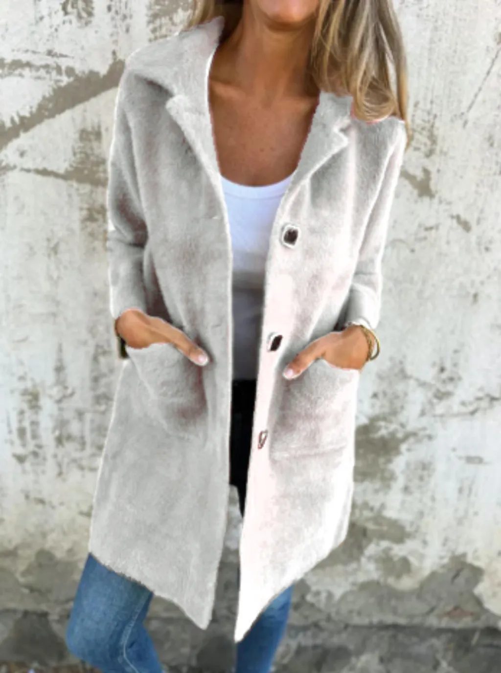 Single-breasted Polo Collar Pocket Mid-length Coat - Apricot