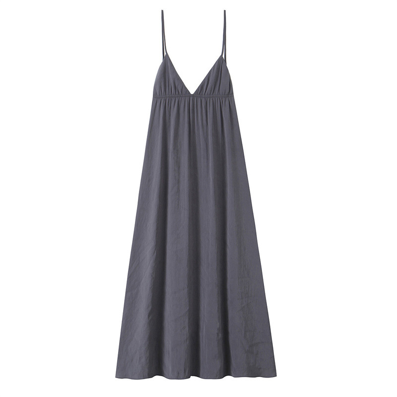 V neck Sleeveless Backless Sling Drape Midi Skirt Dress Gray Grey - Shop at LoveMi
