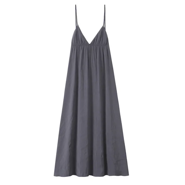 V neck Sleeveless Backless Sling Drape Midi Skirt Dress Gray - Shop at LoveMi