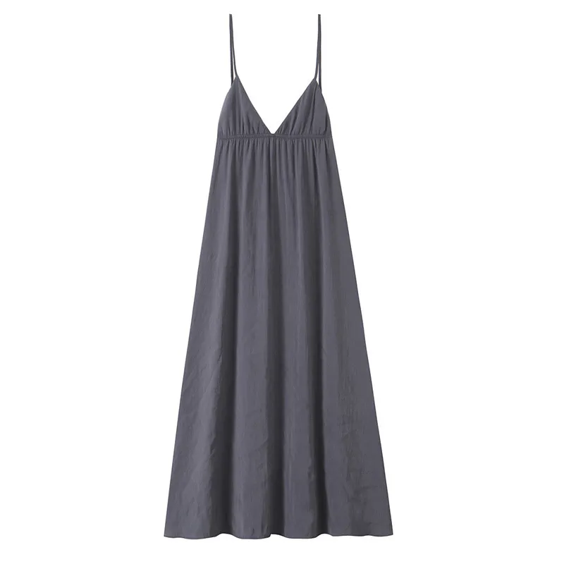 V-neck Sleeveless Backless Sling Drape Midi Skirt Dress - Gray