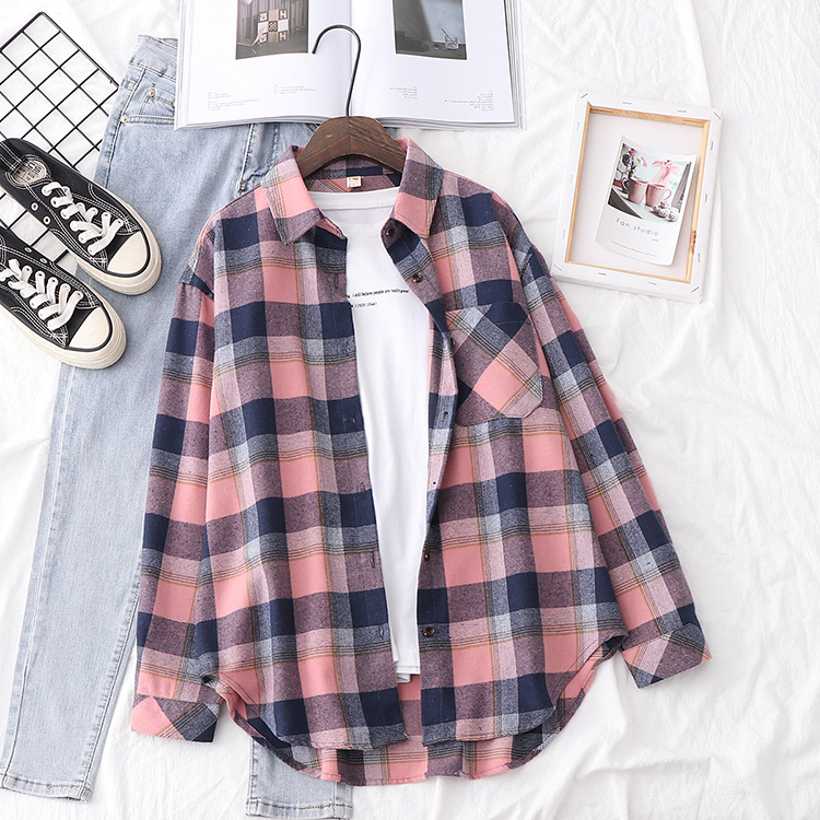 Plaid Shirt Women's Brushed Retro Hong Kong Style Loose Design Minority All-match Long Sleeve Shirt Coat