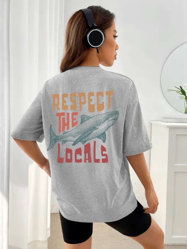 Respect The Locals Shark Tshirts Women Street Hip Hop Clothe Lightgray - Shop at LoveMi