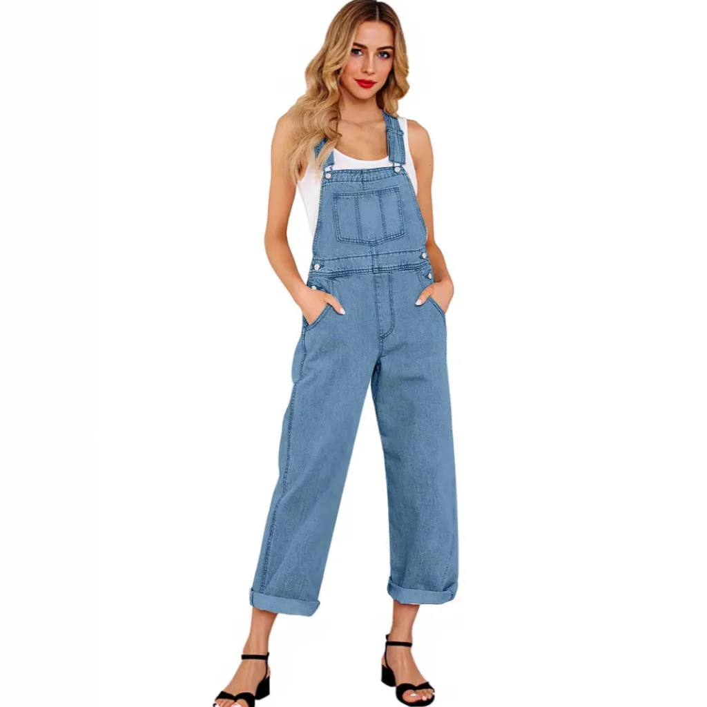 Loose Women's Denim Suspender Pants - Light Blue