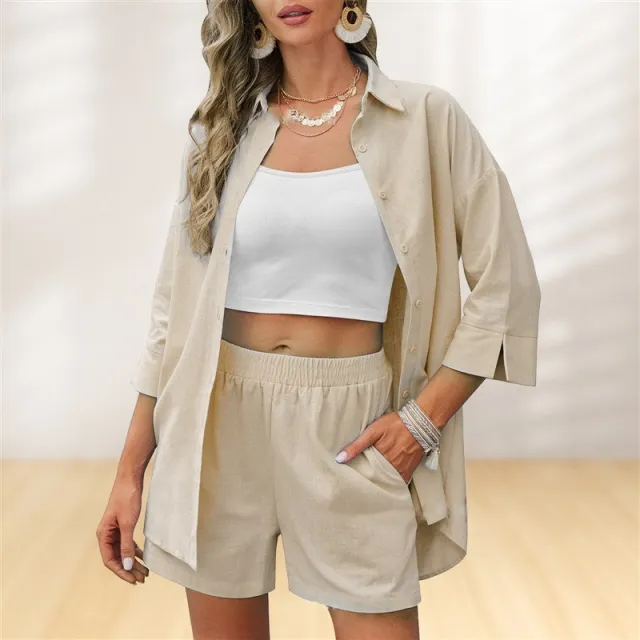Women's Casual Loose Short Sleeves Shorts Suit Khaki - Shop at LoveMi