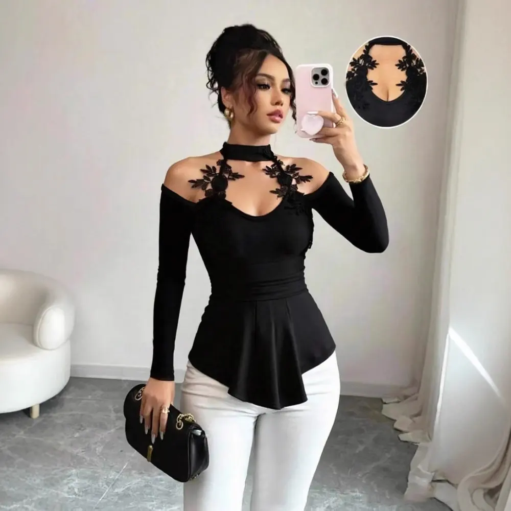 Hollow Out Shoulder-baring Applique Pleated Curved Hem Slim Top