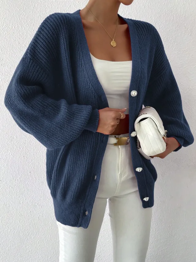Women's Solid Color Loose fitting Large Size Knitted Cardigan Sweater Blue - Shop at LoveMi