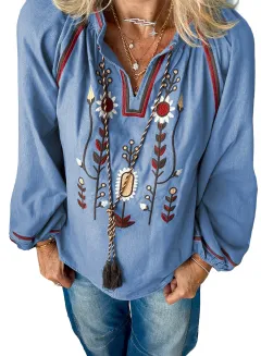 Women's Round Neck Embroidered Casual Chiffon Shirt - Blue - View 1