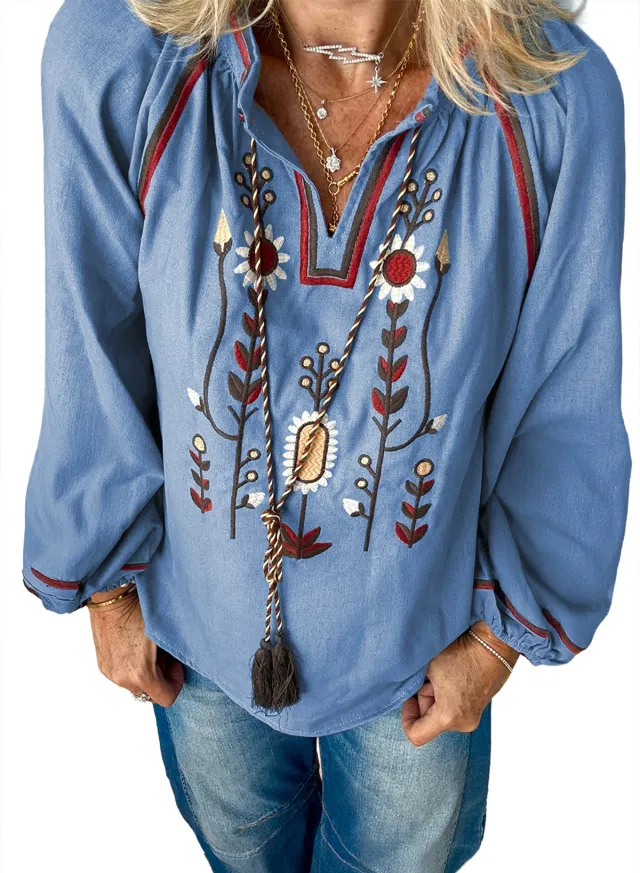 Women's Round Neck Embroidered Casual Chiffon Shirt Blue - Shop at LoveMi