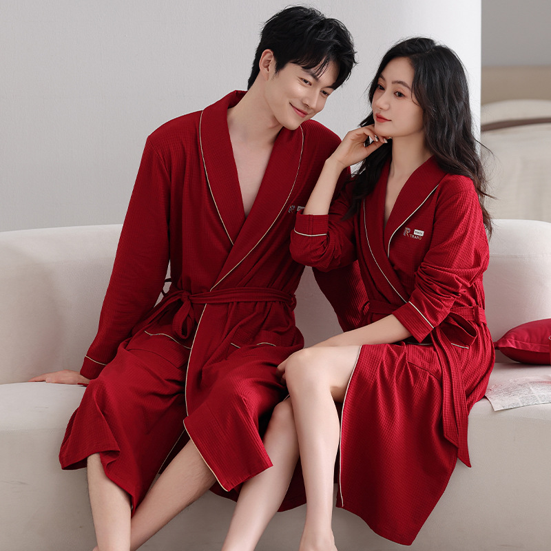 Red Couple Nightgown Autumn Cotton Waffle Long Sleeve