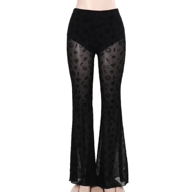 High Waist Lace Print New Casual Trousers Straight Black - Shop at LoveMi