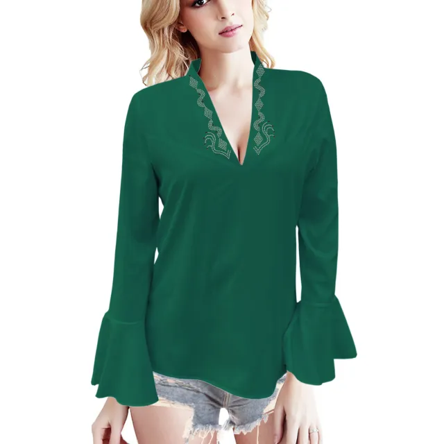 European And American Low Cut Rhinestone High Collar Solid Color Lotus Leaf Long Sleeve Shirt Dark Green Diamond - Shop at LoveMi