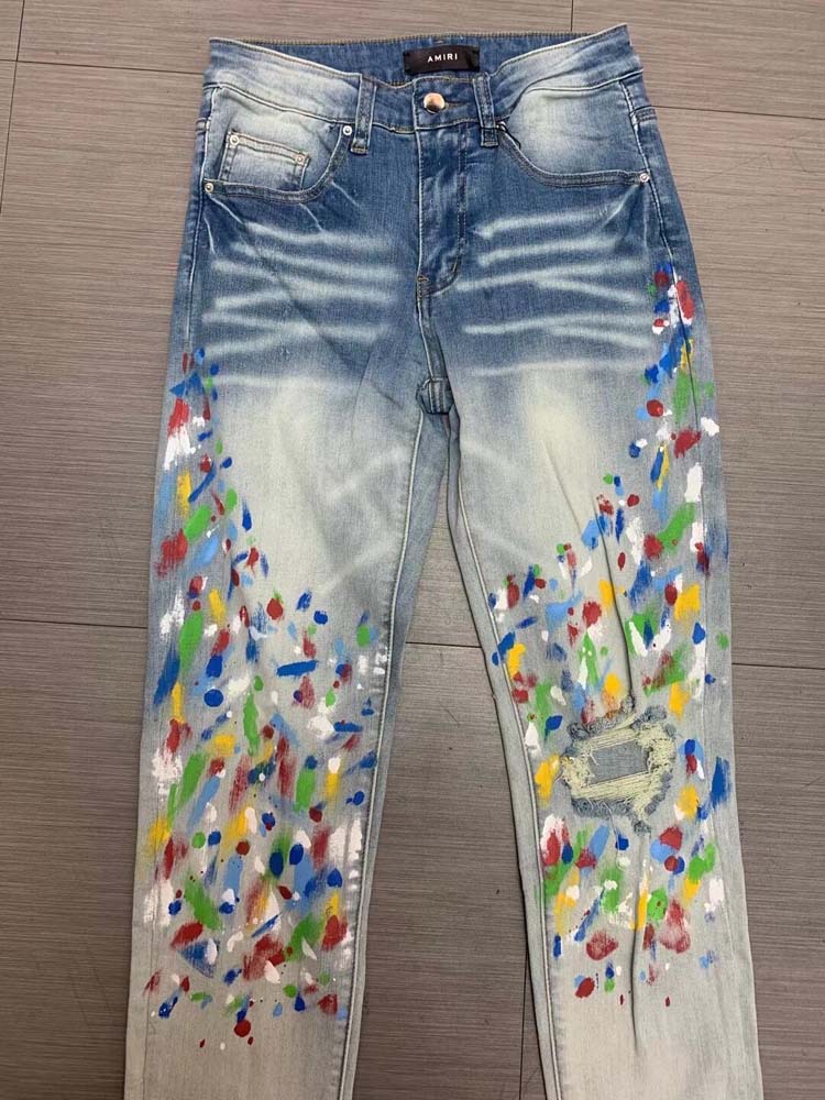 Title 2, Jeans masculino moderno azul rasgado com tinta ...