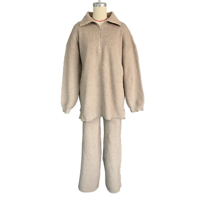 Autumn And Winter Half Zipper Sweaters Straight leg Trousers Two piece Set M1011 Khaki - Shop at LoveMi