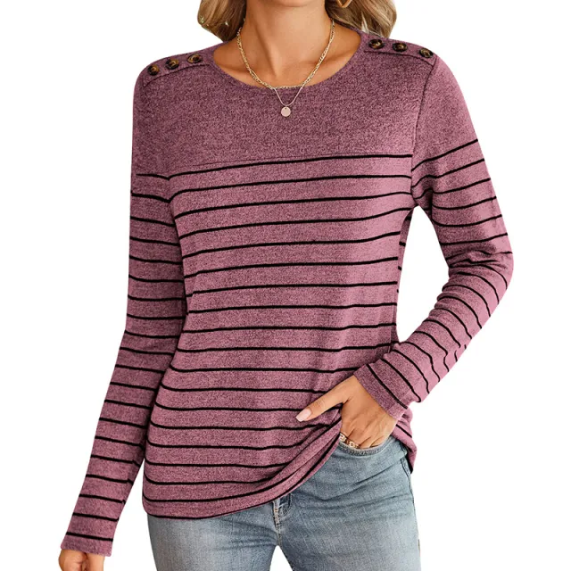 Striped Contrast Color Round Neck Long Sleeve Button Top Wine Red - Shop at LoveMi