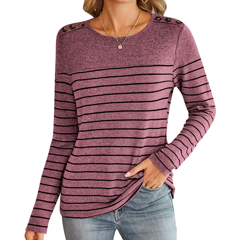 Striped Contrast Colour Round Neck Long Sleeve Button Top - Wine Red