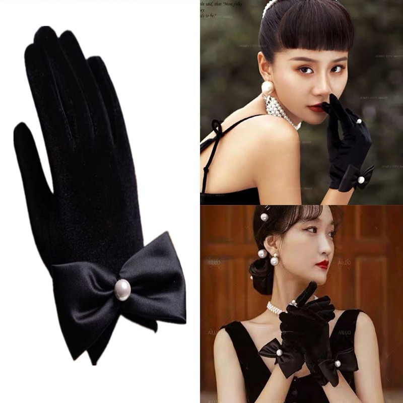 Velvet Bow Gloves Black