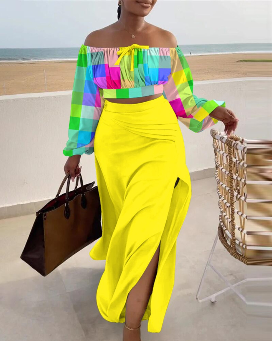 Cross border Casual Off the shoulder Split Vacation Dress Two piece Set Yellow - Shop at LoveMi