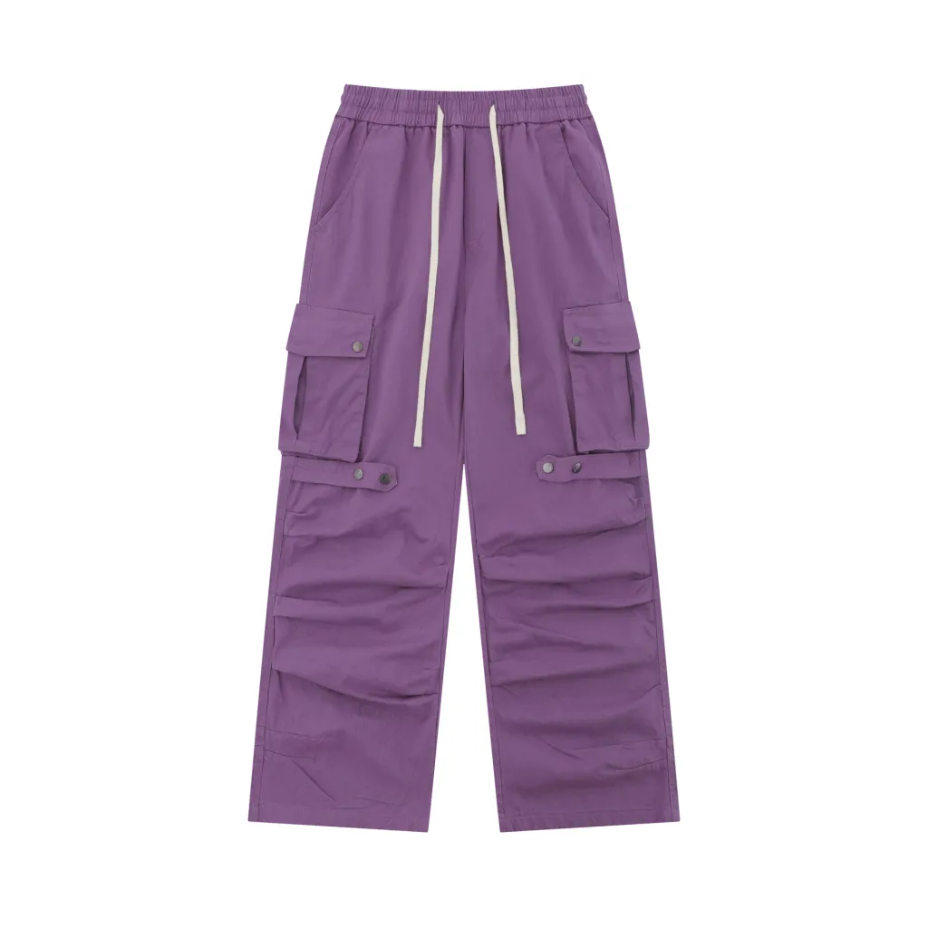Pleated Elastic Waist Retro Wide Leg Workwear Pants - Purple