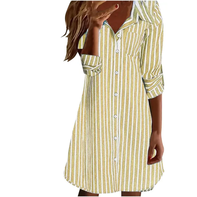 European And American Style Women Striped Button Shirt Casual Long Sleeve Yellow - Shop at LoveMi
