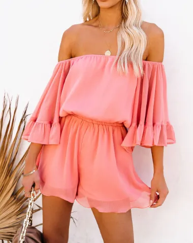 Patchwork Short Sleeve Loose Solid Color Chiffon Jumpsuit Pink - Shop at LoveMi