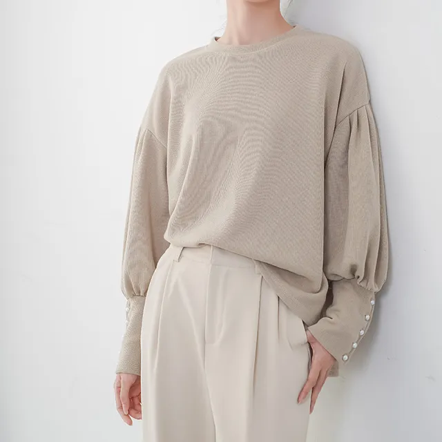 Women's Lantern Sleeve Sweater Pearl Buckle Solid Color Khaki - Shop at LoveMi
