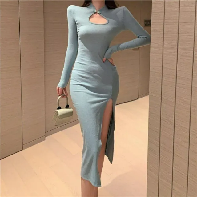 Womens Retro Hollowed Out Defined Waist Slit Base Long Sleeve Dress Blue - Shop at LoveMi