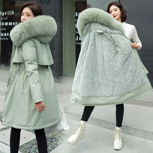 Long Style Large Fur Collar Fleece Lined Cotton Jacket Down Cotton Coat Outerwear Bean Green - Shop at LoveMi