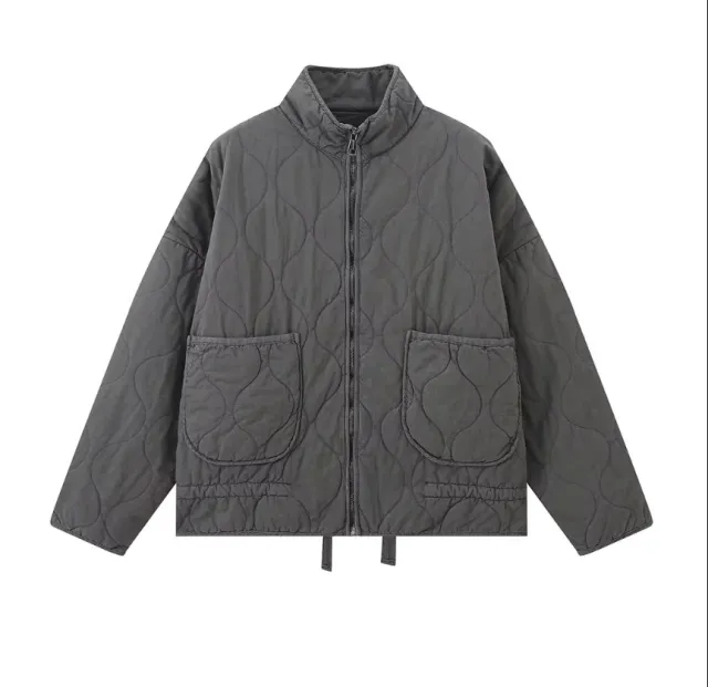 Women's Stand Collar Big Mouth Pocket Decoration Coat Dark Gray - Shop at LoveMi