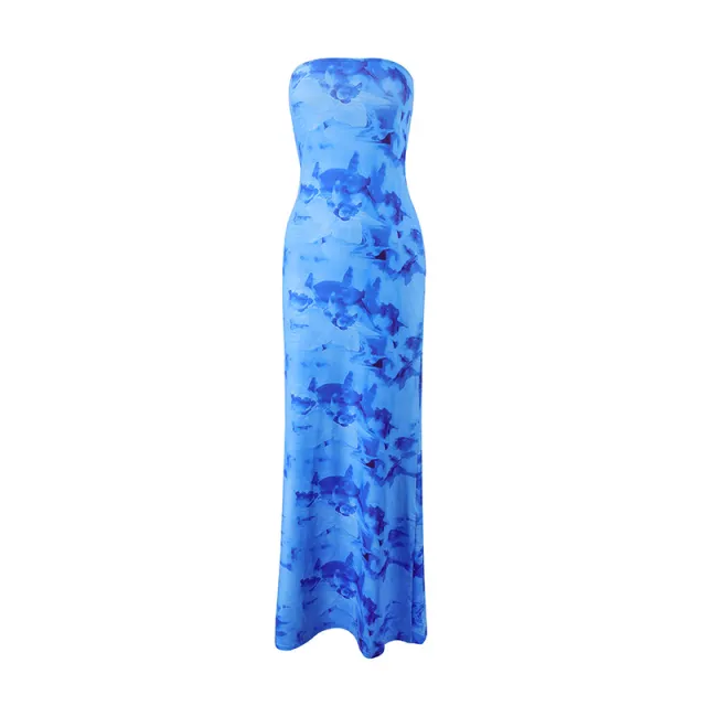Tube Top Hugging Long Printed Dress Blue - Shop at LoveMi