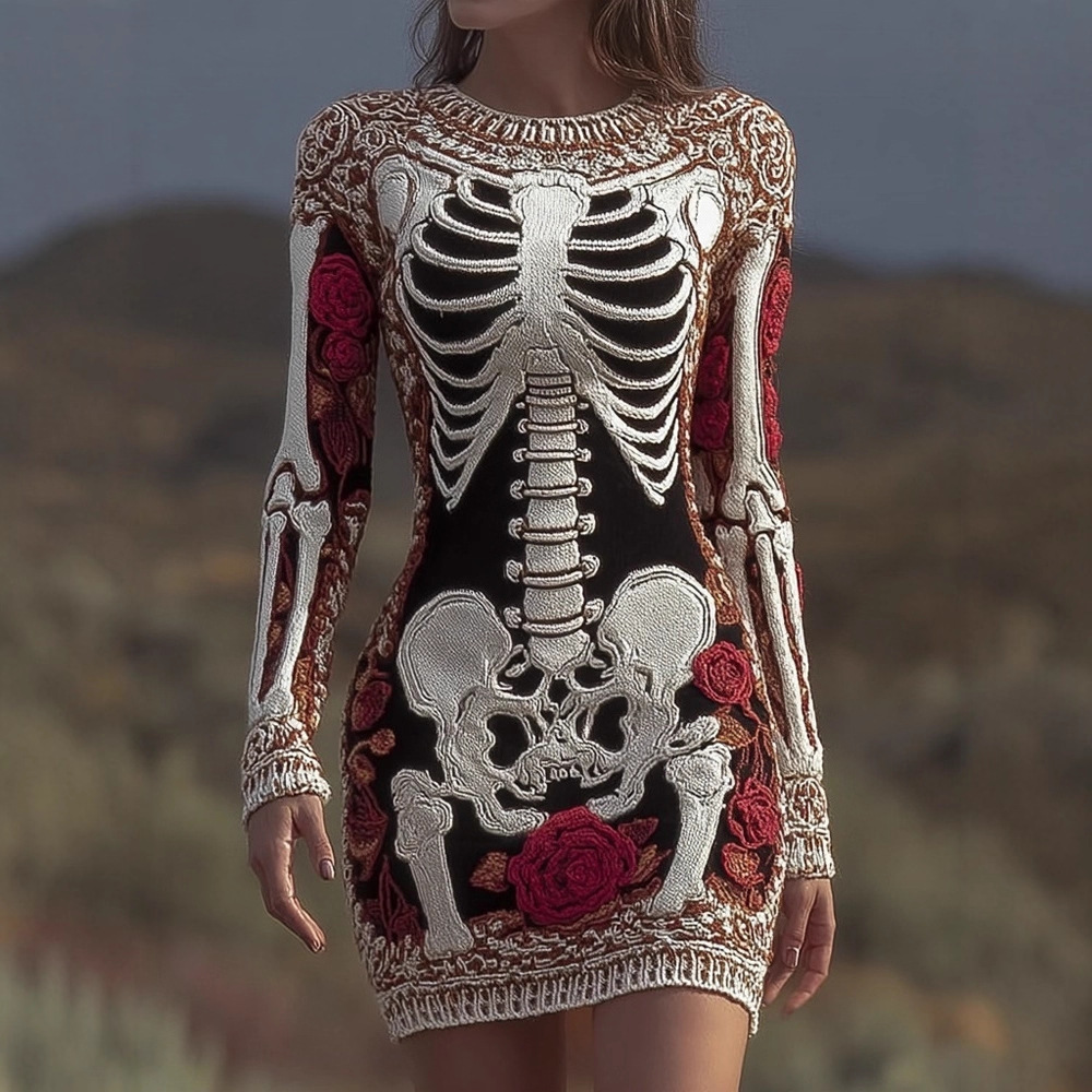 Halloween Street-style 3D Digital-print Skeleton Bodycon Skirt And Sweater Set For Europe And The US