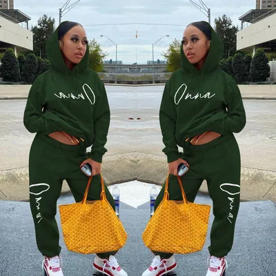 European And American Fashion Women's Wear Drawstring Printed Hooded Long Sleeve Trousers Two piece Set Green - Shop at LoveMi