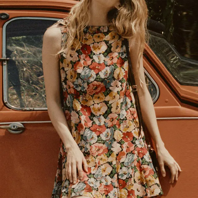 Sleeveless Short Dress Silk Floral Vacation Style French Style Colored Glaze Red - Shop at LoveMi