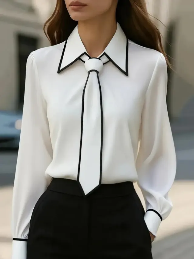 Autumn Fashion Solid Color Commute Tie Long Sleeve Shirt Women's Clothing White - Shop at LoveMi