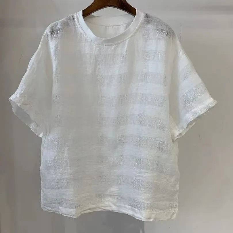 Artistic-style Blue-striped Loose-fitting Women's Top - White