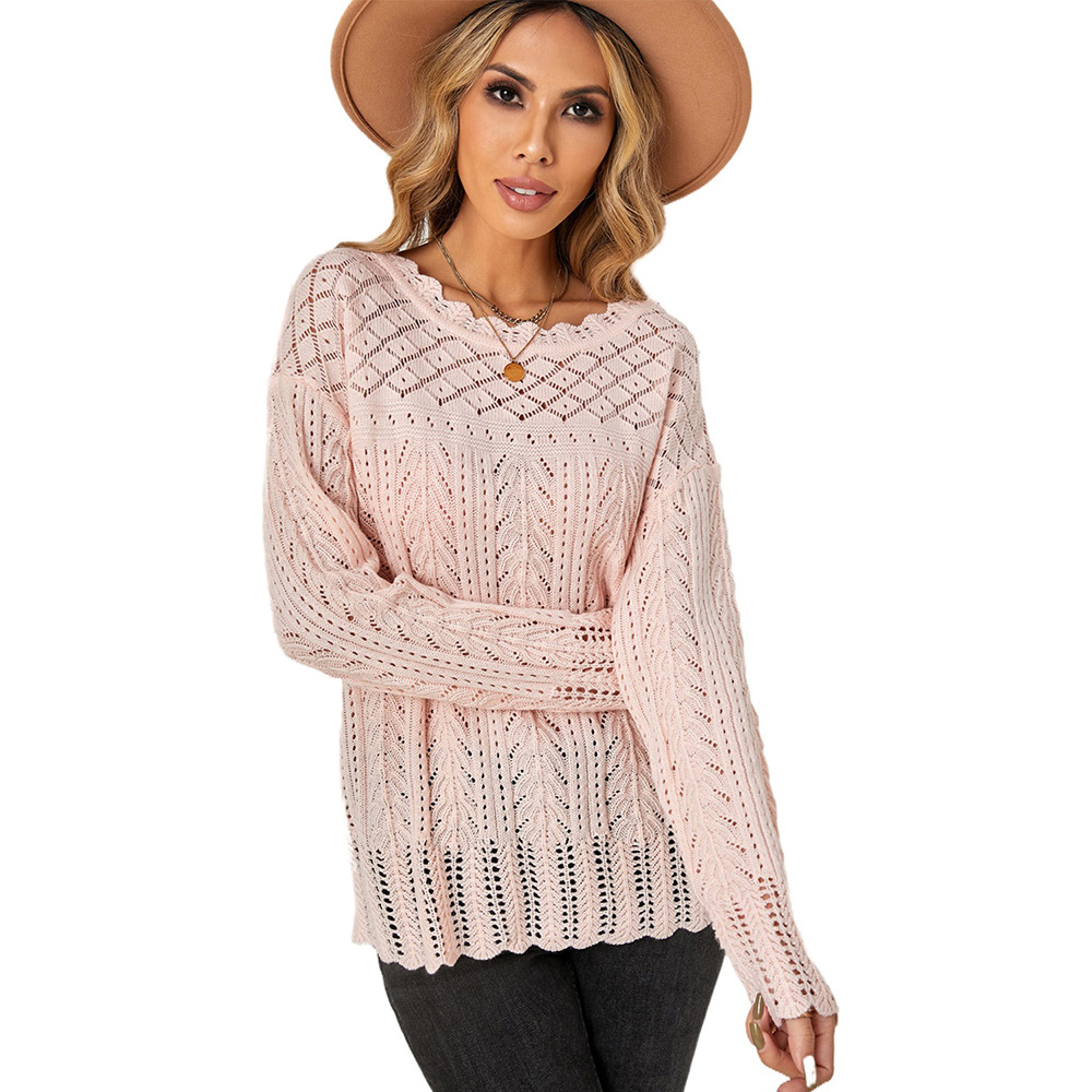 Solid Color Hollow Out Sweater Design Sense European And American Autumn Lacework Round neck Pullover Women's Sweater Lc2721482 Pink - Shop at LoveMi