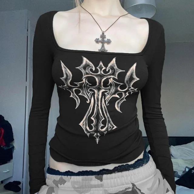 American Retro Printed Square cut Collar Slim fit Long Sleeve Black - Shop at LoveMi