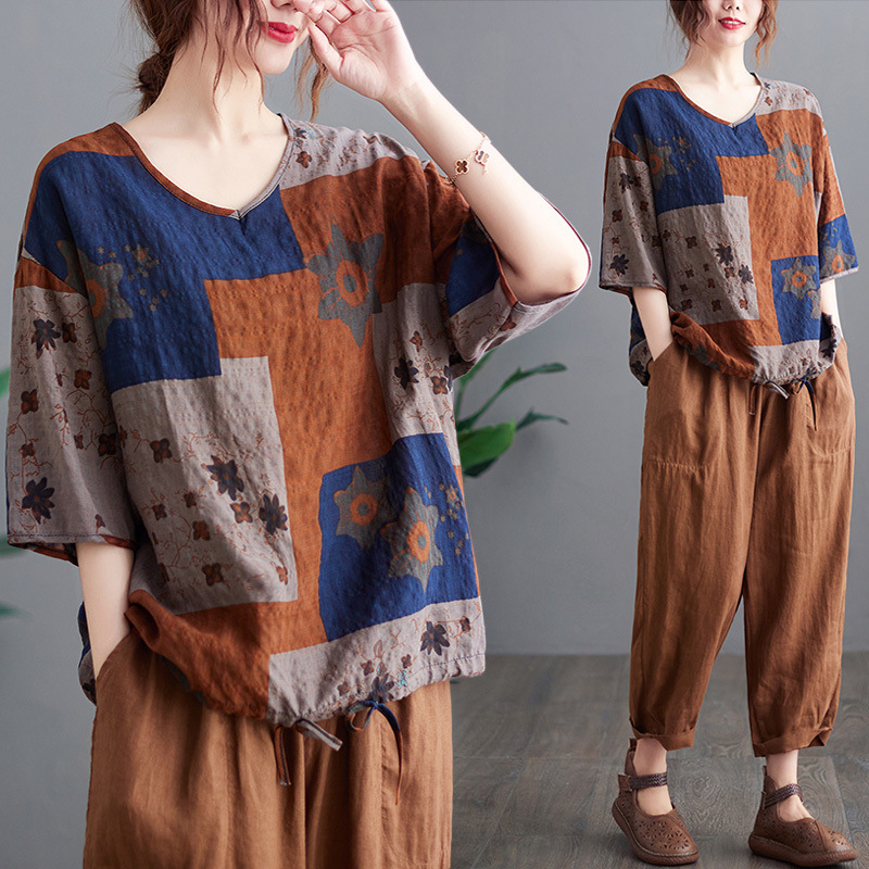 Ethnic-style Color-block V-neck T-shirt For Women