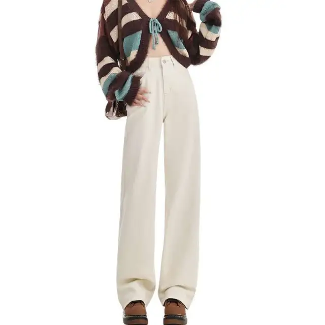 High Waist Loose And Slimming Wide leg Straight Trousers Ivory White Trousers - Shop at LoveMi